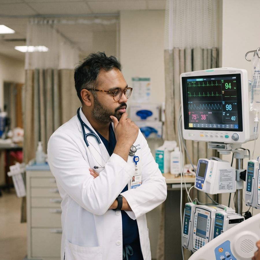 A doctor studying a bedside monitor
