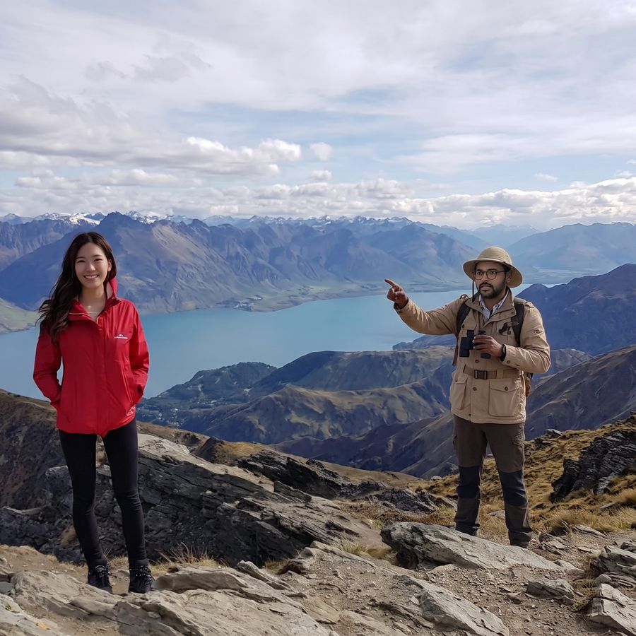 Two hikers on a mountain ridge above a lake, one pointing into the distance